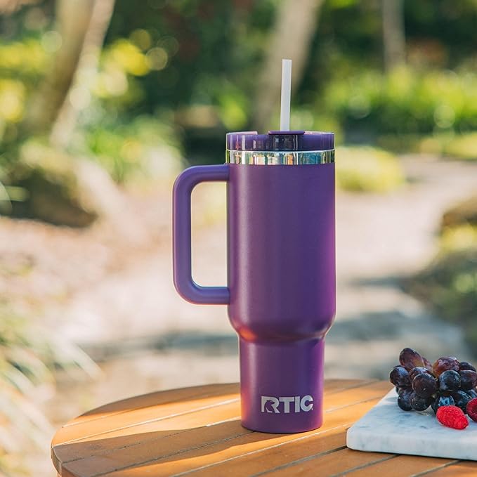 RTIC 40 oz Road Trip Tumbler Double-Walled Cermaic Lined Insulated Stainless Steel Portable Travel Coffee Mug Cup with Lid, Handle and Straw, Berry Jam