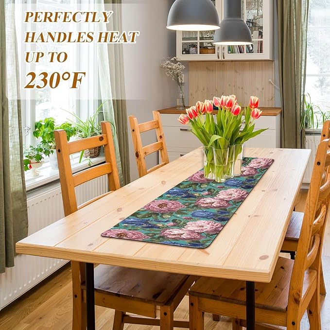 2-in-1 Table Runner Trivet for Hot Dishes Heat Resistant Hot Plate Mat Pad 39x12 Inch Waterproof Table Protector Trivets for Countertop Non Slip Decorative Turquoise Peonies and Irises