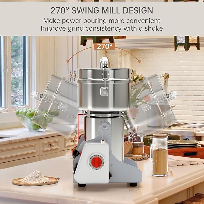 Electric Grain Mill Grinder 700g,High Speed 1800W Spice Herb Mill Grinders, Stainless Steel Pulverizer Powder Machine for Dry Cereals Grains Herbs Spice Coffee Corn Bean Pepper,Swing Type