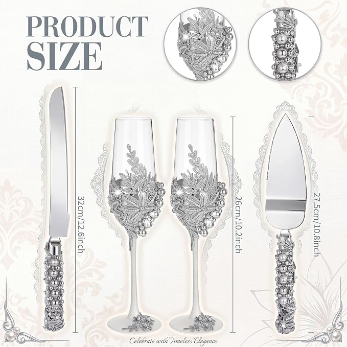 Boao Pearl Wedding Champagne Flutes and Cake Knife Server Set of 4, Champagne Flutes Toasting Glasses with Pearls for Bride and Groom Engagement Anniversary Bridal Shower Gifts (Retro,Dark Gray)