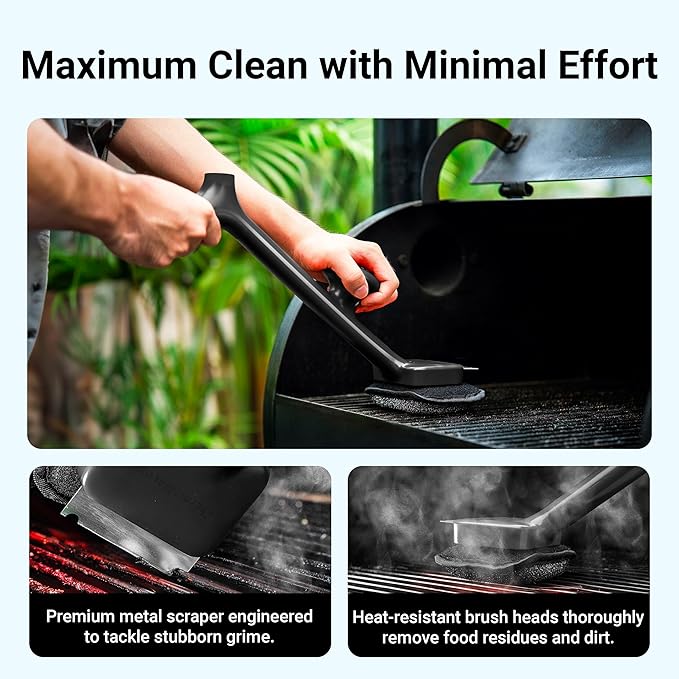 ThermoMaven Bristle-Free BBQ Grill Brush - No Wire Risk Steam Cleaner Removes Burnt Grease Fast - 17" Cool-Touch Handle, Scraper & 3 Replaceable Heads for Gas, Charcoal & Cast Iron