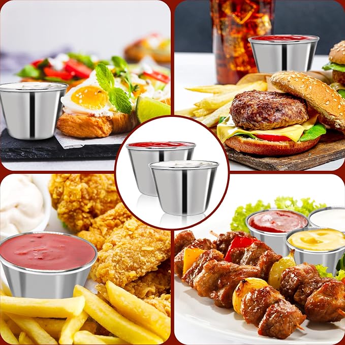 DJZZ 50 Pcs Metal Sauce Cups 2.5oz Ramekins, Stainless Steel Dipping Sauce Cups Metal Condiment Container Reusable Round Butter Dressing Restaurant Small Bowls (50)
