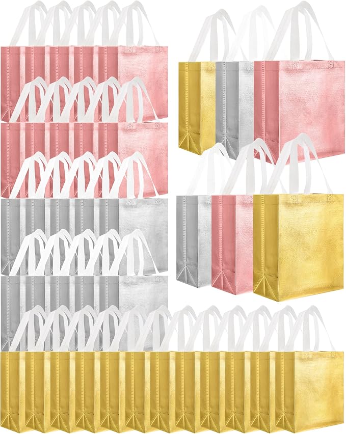 Eccliy Reusable Gift Bags Set Glossy Grocery Gift Tote Bag with Handle for Wedding, Bridal Shower, 4th of July, Summer Event(10 x 8 x 4.7 Inch,Rose Gold, Gold, Silver,80 Pcs)