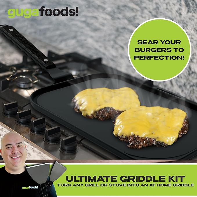 Guga Foods Ultimate Griddle Kit Set- Transform Any Grill or Stove, Includes Cast Iron Griddle with Detachable Handle, Stainless Steel Angled & Straight Edge Spatulas, For Cooking Indoor Or Outdoor