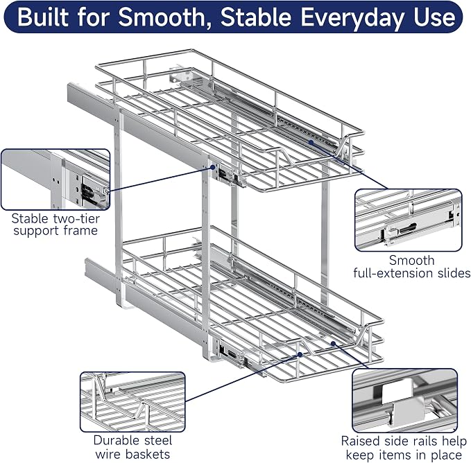 2-Tier Pull Out Cabinet Organizer, 10.5" W x 21.5" D, Heavy Duty Dual Slide Out Shelves for Narrow Base Cabinets, Chrome Wire Basket Drawer for Spices, Bottles & Snacks