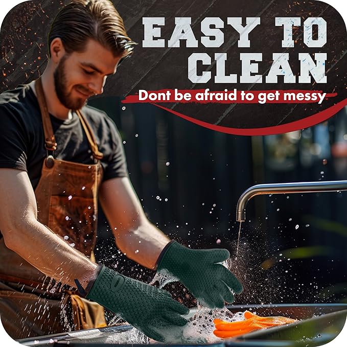 KITCHEN PERFECTION Silicone Smoker Oven Gloves - Extreme Heat Resistant BBQ Gloves - Handle Hot Food Right on Your Grill Fryer Pit | Waterproof Oven Mitts | Superior Value Set + 3 Bonuses