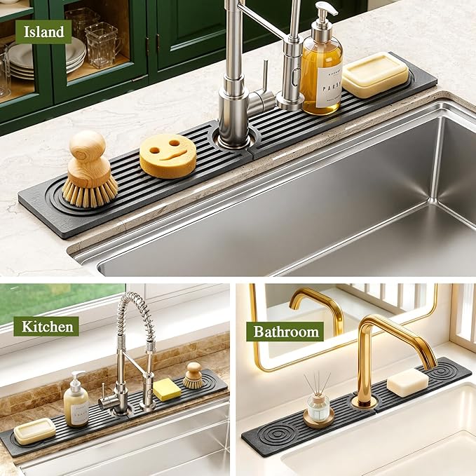 2 Pack Stone Faucet Mat for Kitchen Sink, Absorbing Drying Stone Mat Prevent Moisture, Sink Splash Guard Water,Natural Diatomite Stone Tray for Bathroom Counter 23.6*3.9inch (White+Grey)