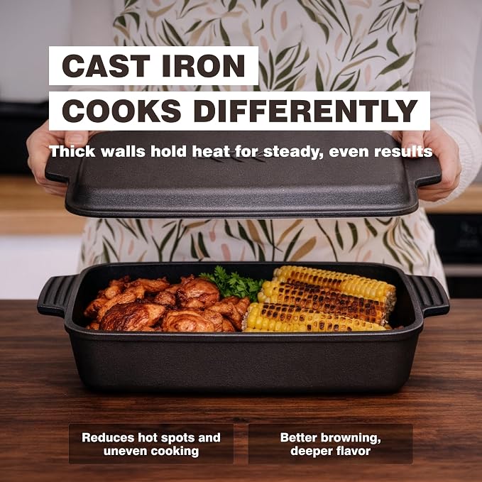 KUHA Square Cast Iron Dutch Oven 2-in-1 | Pre-Seasoned Cast Iron Cookware | Skillet Lid & Casserole Dish | For Baking, Roasting & Grilling | Chainmail Scrubber Included | 13" x 9", 6 QT