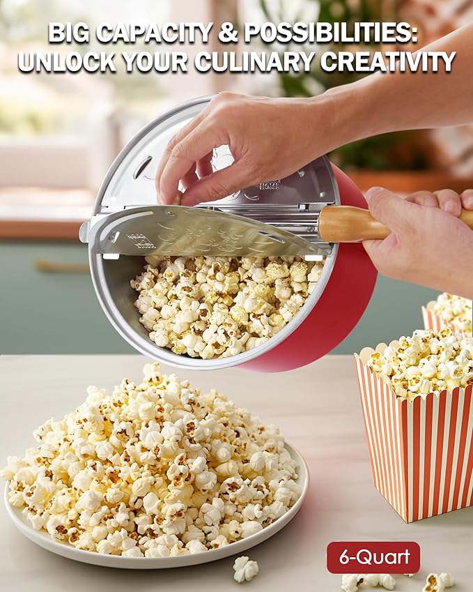 Cook N Home Stovetop Popcorn Popper with Crank, 6-Quart Aluminum Popcorn Pot, Red