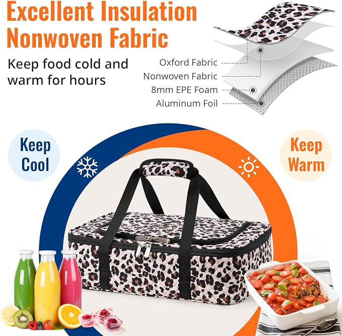 Insulated Casserole Carrier - Portable Casserole Carrier for Hot or Cold Food, Lasagna Holder for Parties,Picnic,Cookouts,Traveling - Fits 9" x 13" Baking Dish (Leopard Print)