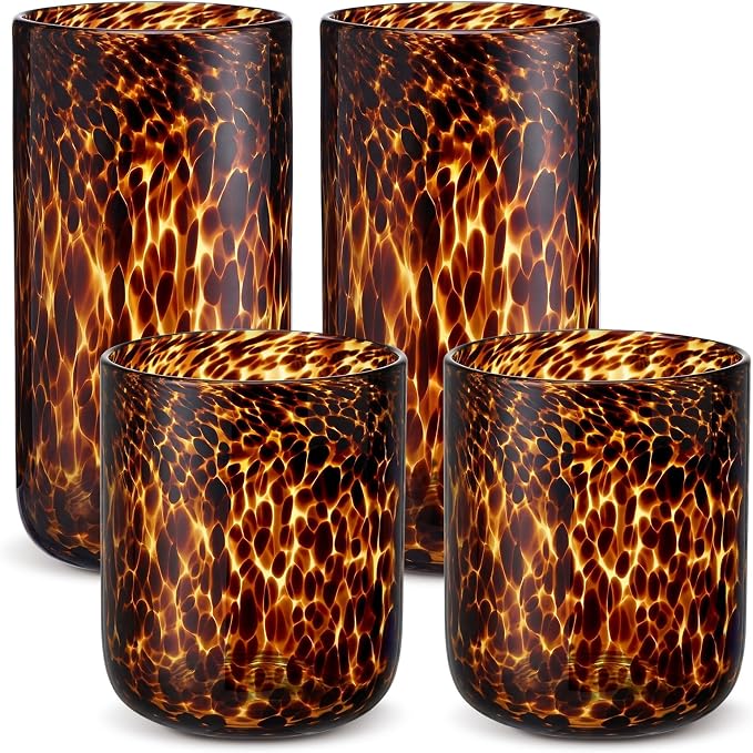 Honeydak Set of 4 Set of 4 Tortoise Leopard Print Brown Rocks Glasses Stylish Stemless Cocktail Cups Glass Glassware Tumbler Ideal for Gin, Tequila, Vodka, Soft Drinks (Whiskey Cup,10oz,16oz)