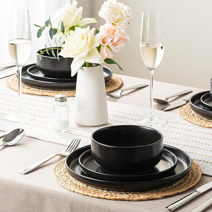 EWFEN Plates and Bowls Sets, 12 Pieces Ceramic Dinnerware Set for 4, Stoneware Dishware Dishes Set, Scratch Resistant Dishes Set, Dishwasher & Microwave Safe, Black