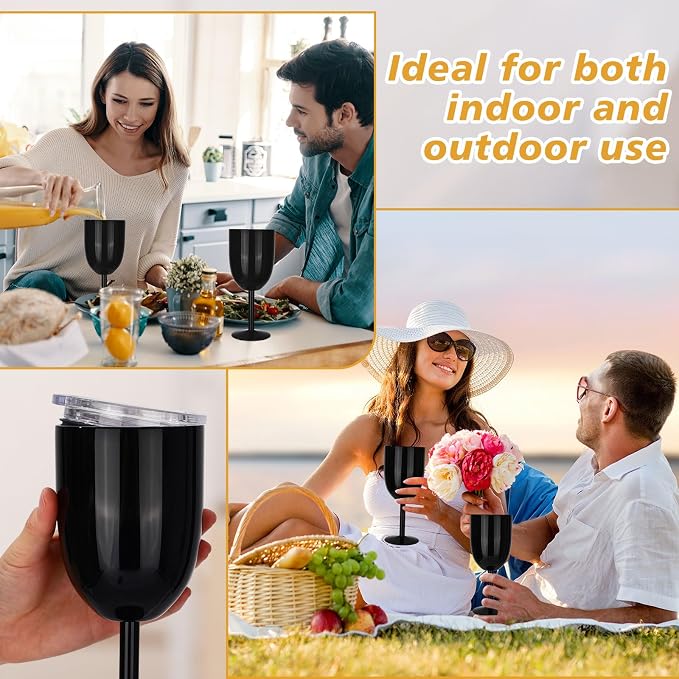 Yinder 8 Pcs Stemmed Stainless Steel Wine Glasses, 12 oz Stainless Wine Goblet with Lids Double Wall Insulated Unbreakable Goblets Insulated Stem Tumbler for Friendship Birthday Party (Black)