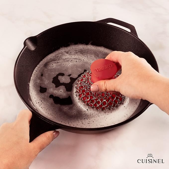 Cuisinel Cast Iron Chainmail Scrubber + Pan Scraper - Deluxe Ergonomic Stainless/Silicone Pot and Skillet Cleaner - Food-Safe Design - Easy to Clean Dishwasher Safe Cookware - Kitchen Sponge Accessory