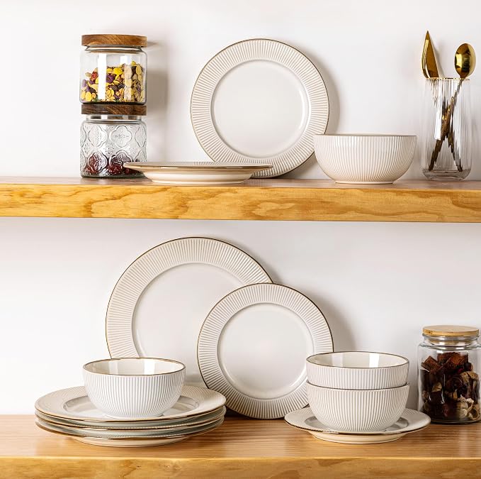 GBHOME Ceramic Dinnerware Sets,12 pcs Embossed Elegant Stoneware Plates and Bowls Sets, Housewarming Wedding Gift | Dishwasher & Microwave Safe | Dishes Set Service for 4
