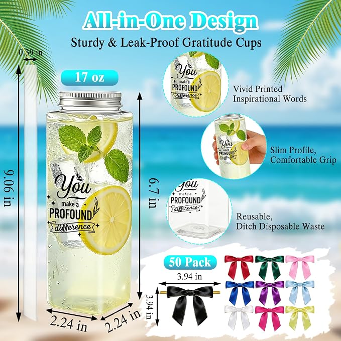 50 Pcs Employee Appreciation Tumblers 17 oz Inspirational Thank You Acrylic Skinny Cups with Lids Straws & Satin Bows for Staff Coworker Teacher Nurse Office
