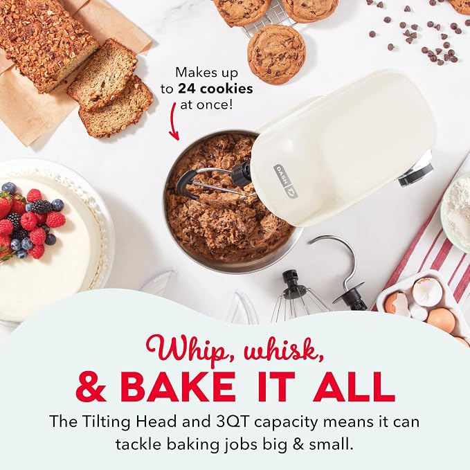 Dash 3.5QT Tilt-Head Stand Mixer - Electric Stand Mixer with Stainless Steel Bowl and Splash Guard For Baking - Cream, 3.5-Quart