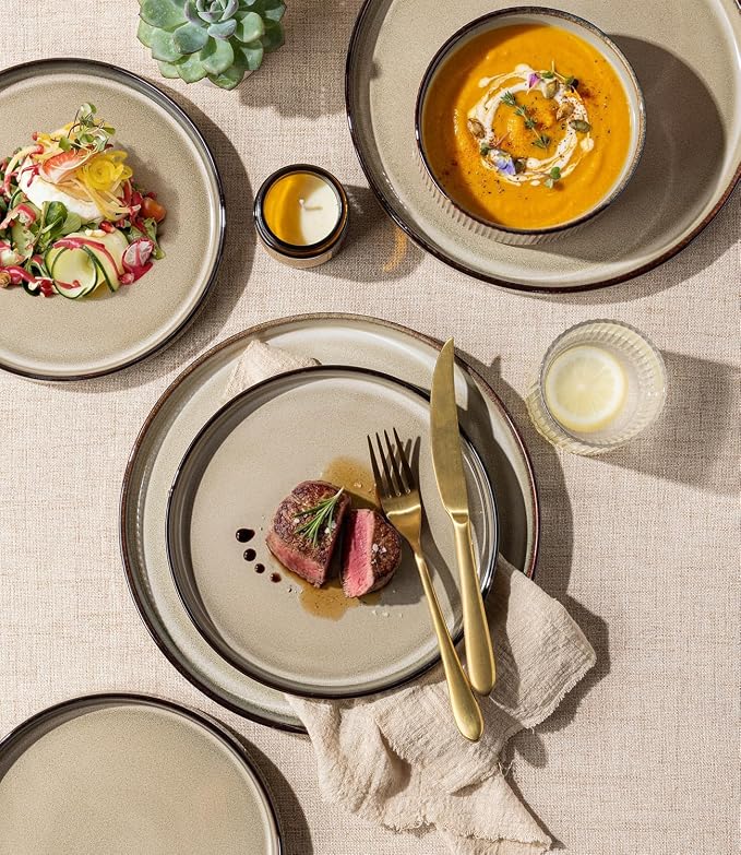 GBHOME Stoneware Dinnerware Sets for 4,12 Pieces Lightweight Ceramic Ribbed Plates and Bowls Set,Reactive Glaze Stackable Plate Sets,Scratch Resistant Dishes,Microwave &Dishwasher Safe, Smokey Taupe