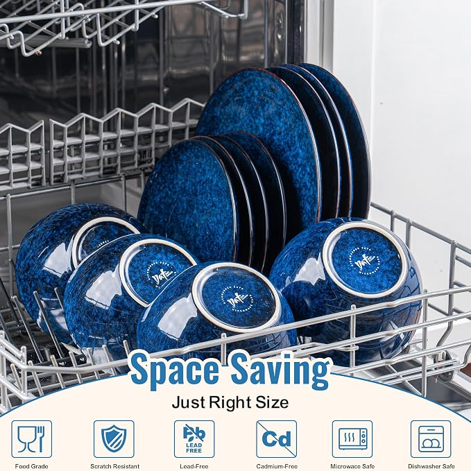 Dafuceramic Plates and Bowls Sets, 12 Pieces Dark Blue Dinnerware Sets for Kitchen, Reactive Glaze Dishes Set for 4, Dishwasher and Microwave Safe, Series Starflecked Shore(Dark Blue)