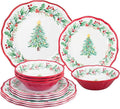 UPware 12 Piece Christmas Tree Melamine Dinnerware Sets, Outdoor Dishes Set, Plates and Bowls Sets, Christmas Decorations, Service for 4, Red