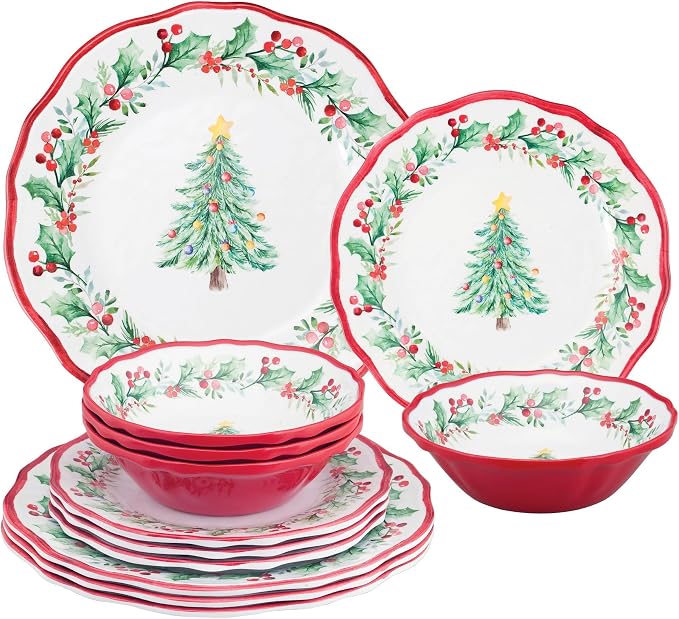 UPware 12 Piece Christmas Tree Melamine Dinnerware Sets, Outdoor Dishes Set, Plates and Bowls Sets, Christmas Decorations, Service for 4, Red