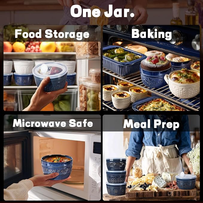 Artena Meal Prep Containers 22 OZ, 4 Pack Snack Containers, Reusable Food Storage Containers With Lids For Soup Yogurt Oatmeal Lunch Breakfast, Ceramic Cereal Bowls (Blue, Damask Floral)
