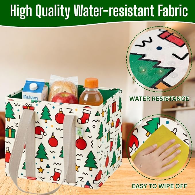 VENO 3 Pack Reusable Grocery Bags, Shopping Bags for Groceries, Tote with Handles and Hard Bottom, Foldable Shopping Cart Organizer, Water Resistant, Heavy-Duty (Jingle Mix, 6 Gallon)