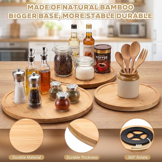 Novabright 3 Set 12'' 10'' 9'' Bamboo Lazy Susan Rotating Turntable Organizer Wooden 360 Degree Large Kitchen Tray for Counter Pantry Spice Pepper Olive Oil Table Organization and Storage