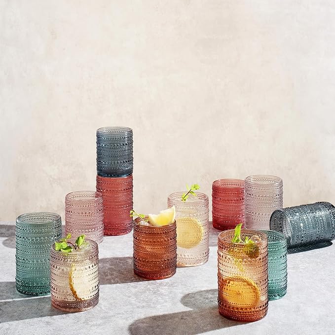 Khen Hobnail Beaded Highball Drinking Tumbler Glasses | Set of 12 | Color, Vintage Bubble Design Whiskey Glassware, Old-Fashioned, Embossed Design for Water, Wine, Cocktail Embossed, Rocks Glass