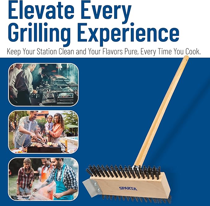 SPARTA 4002600 Stainless Steel Grill Brush, Grill Scraper With Long Handle For Commercial Cleaning, Kitchens, Restaurants, Bathrooms, 30 Inches, Brown