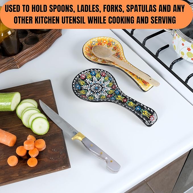BCS Spoon Rest Set of 2 - Ceramic Spoon Holder for Stovetop & Kitchen Counter - Dishwasher Safe Handmade Kitchen Utensil (Black-Yellow 4.5” W x 9" L)
