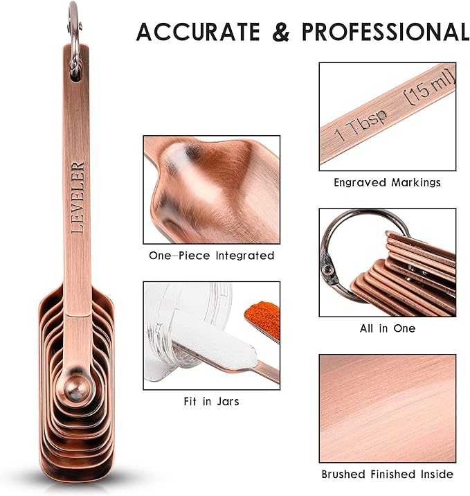 Copper Measuring Spoons Set, Stainless Steel Narrow Measuring Spoons Set, Heavy Duty Metal Measuring Spoon with Long Handle, Engraved Metric&US Measure Spoon with Leveler, Easily Fit Spice Jars