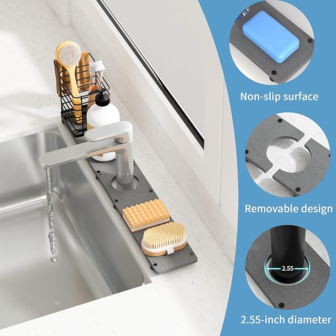 YIGII Faucet Mat for Kitchen Sink with Brush Holder, 23.6 Inch Absorbent Sink Splash Guard, Diatomite Stone Sink Mat for Bathroom Counter, Fast Drying Around Faucet