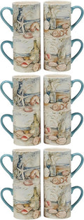 Coastal Landscape 16 oz. Ceramic Mugs – Set of 4 Assorted Beach Designs with Starfish, Shells & Ocean Bottles – Seaside Coffee Cups for Tea, Hot Cocoa, or Gifting – Blue Handle Accent (Pack of 3)