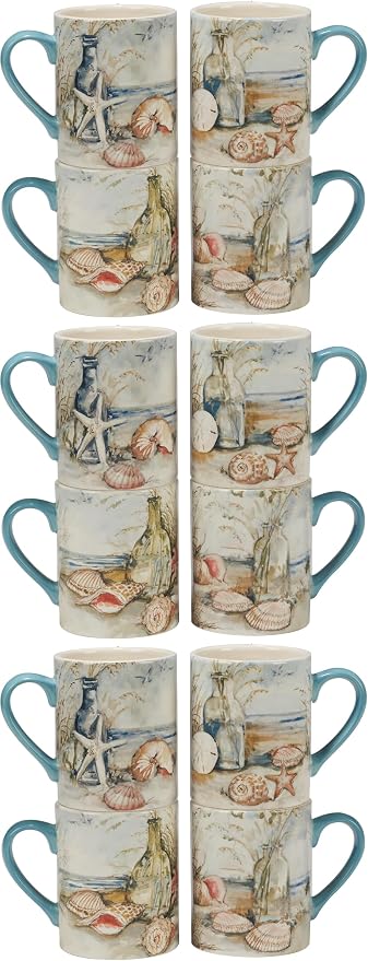 Coastal Landscape 16 oz. Ceramic Mugs – Set of 4 Assorted Beach Designs with Starfish, Shells & Ocean Bottles – Seaside Coffee Cups for Tea, Hot Cocoa, or Gifting – Blue Handle Accent (Pack of 3)