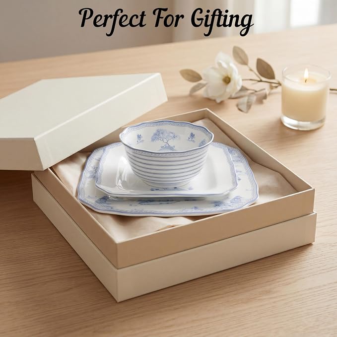 222 Fifth 12-Piece Porcelain Dinnerware Set for 4, Glossy White Plates and Bowls Set with Blue Decal, Elegant Square Ceramic Dish Set, Kitchen Tableware, Microwave & Dishwasher Safe, Scenic Toile