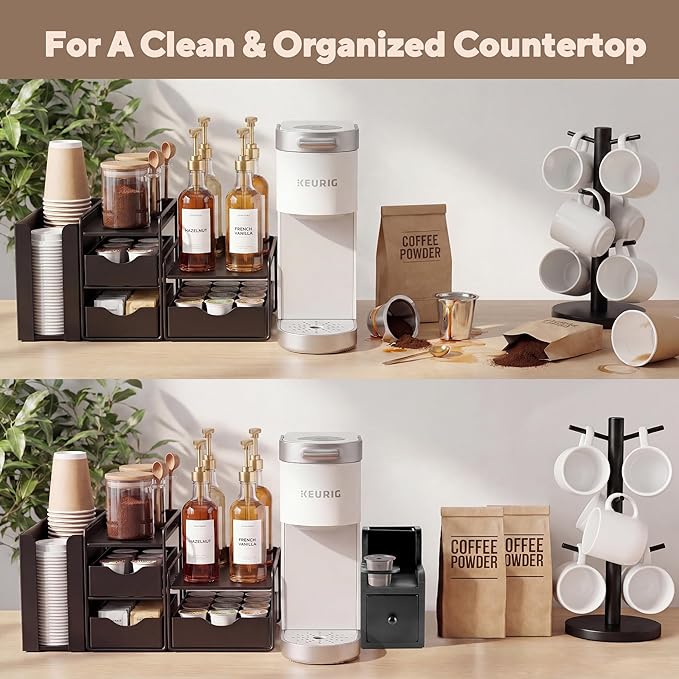 Coffee Pod Maker Stand, Solid Wood Reusable K-Cup Filter Holder & Filling Station with Coffee Ground Storage Drawer & Waste Bin, Countertop Wood Coffee Bar Organizer, Easy Daily Refill (Black)