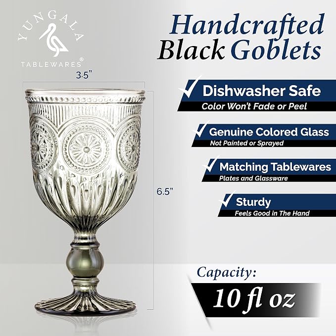 Smokey Black Wine Glasses Set of 6 Vintage Hobnail Goblets 10 oz Dishwasher Safe