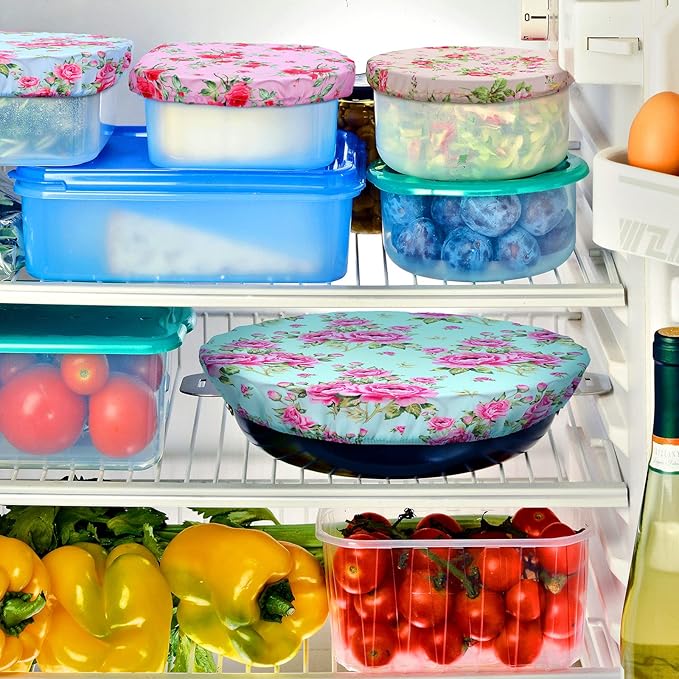 Patelai 10 Pcs Bowl Covers Reusable in 5 Size Stretch Cloth Fabric Elastic Food Storage Bowl Covers Bread Sourdough Lids for Proofing Food Fruits Leftover(Red, Pink, Green,Floral Style)