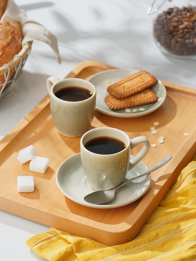 famiware Glacier Espresso Cups with Saucers Set of 4, 3oz Espresso Cup Set, Coffee Mug Set for Latte, Macchiato, Stoneware Demitasse Cups Set for Cafe, Microwave&Dishwasher Safe, Sage Green