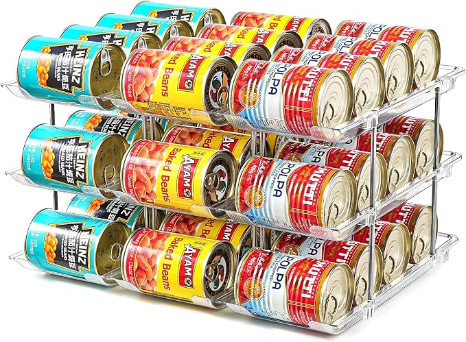 Amllas Can Organizer for Pantry, Stacking Can Storage Organizer Pantry, Automatic Rolling Can Rack for Fridge, 3Tire 3 Columns Can Holder for 36 Cans, Canned Goods Organizer