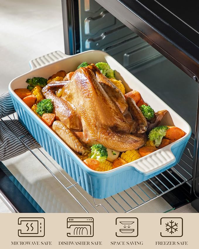MALACASA 4.4 QT Baking Dish, 9x13 Large Casserole Dish for Oven, Ceramic Baking Pan, Rectangular Lasagna Pan Deep with Handles for Baking, Durable Microwave Oven Safe, Blue, Series BAKE-BAKE