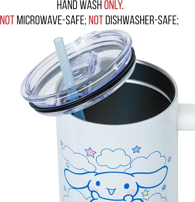 Silver Buffalo Sanrio Hello Kitty and Friends Featuring Cinnamoroll in Stars and Clouds Double Walled Stainless Steel Tumbler with Handle and Straw, Fits in Standard Cup Holder, 40 Ounces