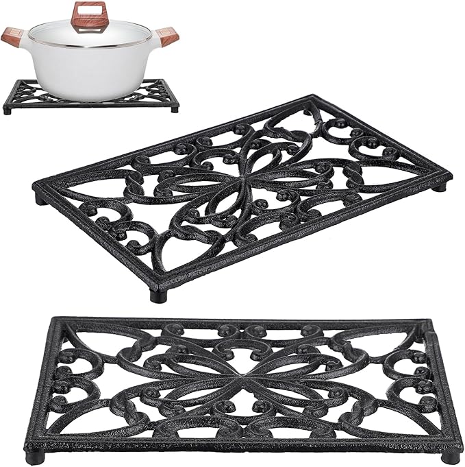 Sumnacon 2Pcs Rectangle 10 x 6.1 Inch Cast Iron Trivet - Rustic Heat Resistant Metal Trivet for Hot Dish Pot Pan Teapot, Vintage Sturdy Hot Plate Pad for Kitchen Dining Countertop Table