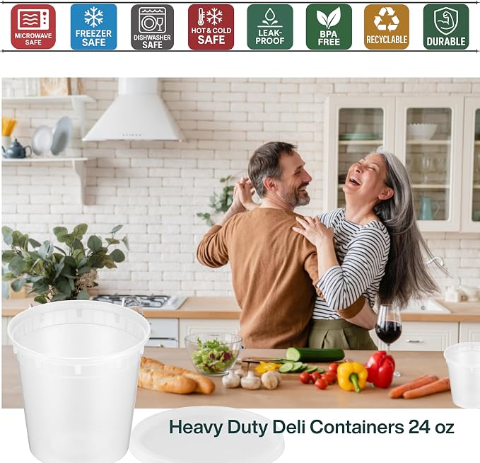 24oz [50 set] Heavy Duty Plastic Deli Container | BPA-Free Food Storage with Airtight Leak‑Proof Lids | Microwave, Freezer & Dishwasher Safe – Stackable, Bulk Reusable Soup & Meal Prep Tub