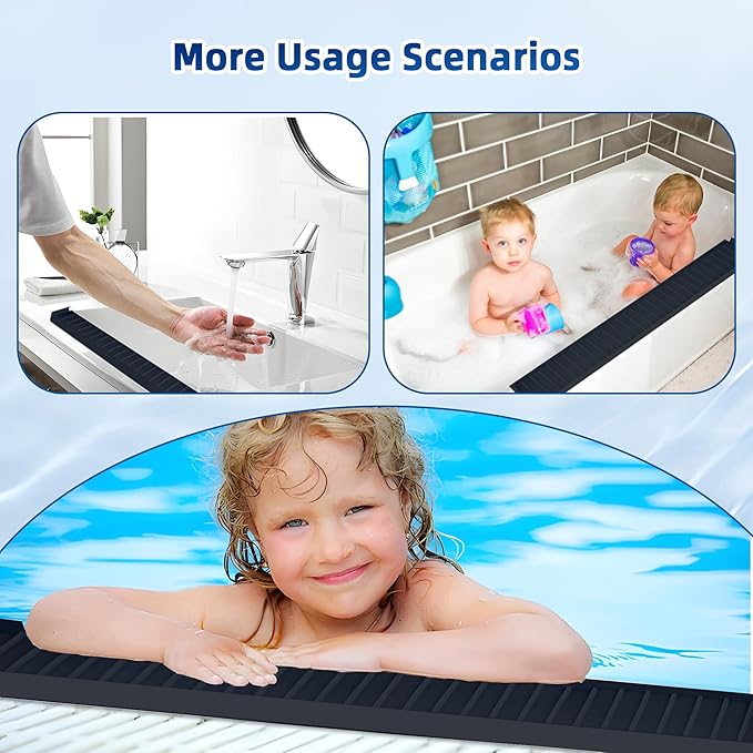 Silicone Sink Splash Guard & Edge Protector, 30 Inch Extra Long Kitchen Sink Splash Guard with Suction Cups, 5° Tilt Water Drip Back Design, DIY Cuttable Fits Any Size Single or Double Sink - Black