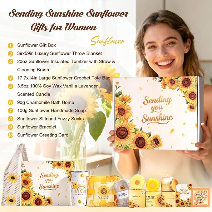 Sunflower Gifts Tote Bag Gift Set for Womens Self Care Gift - Birthday Gifts Box for Women Mom Wife Sister Daughter Friend Coworker, Sunflower Gifts Basket Sunshine Gift Box Care Package for Women Her