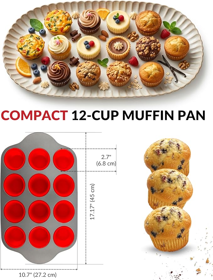 Boxiki Kitchen Non-Stick 12 Cup Silicone Muffin Pan with Steel Frame - BPA Free, Non-Toxic, Anti-Warp, Durable & Easy to Pop Silicone Muffin Tin - Perfect Cupcake Pan