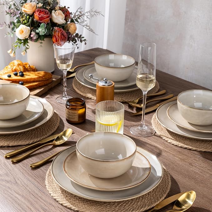 GBHOME 24 Pieces Double Bowls Dinnerware Sets for 6, Stoneware Plates and Bowls Set with Reactive Glaze, Scratch Resistant Stoneware Dishes Set, Dishwasher & Microwave Safe
