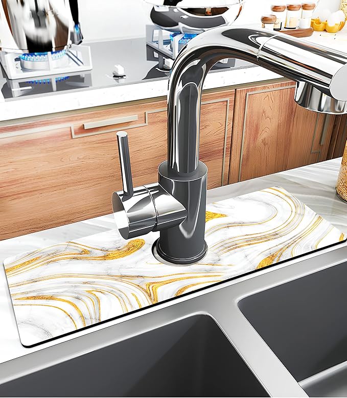 Kitchen Sink Splash Guard Faucet Mat Super Absorbent Fast Drying Mat Sink Gadgets Splash Guard Behind Faucet Drip Catcher for Kitchen (Marbling, 15x5.5in)